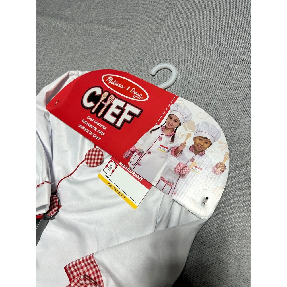 Melissa &‎ Doug Chef Costume Kids Size 3-6 White Red Gingham Role Play Set